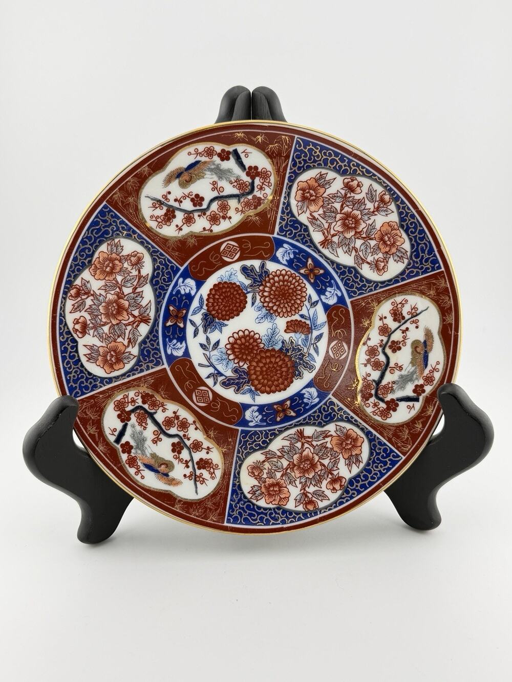 Vintage Japanese Imari Blue Red Floral 6.25" Porcelain Plate Gilt Trim 1960s
